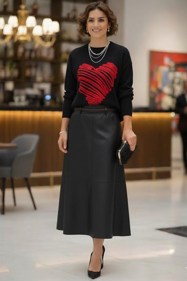 Siyah Kemerli Vintage Deri Etek