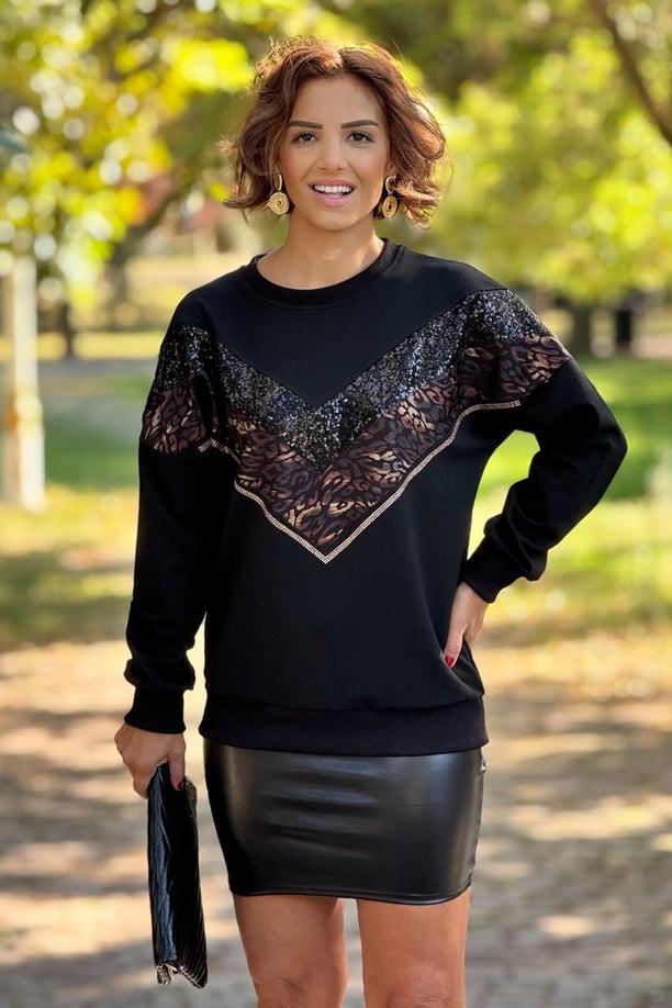 Siyah Leopar ve Pul Detaylı Sweatshirt %100 Pamuk