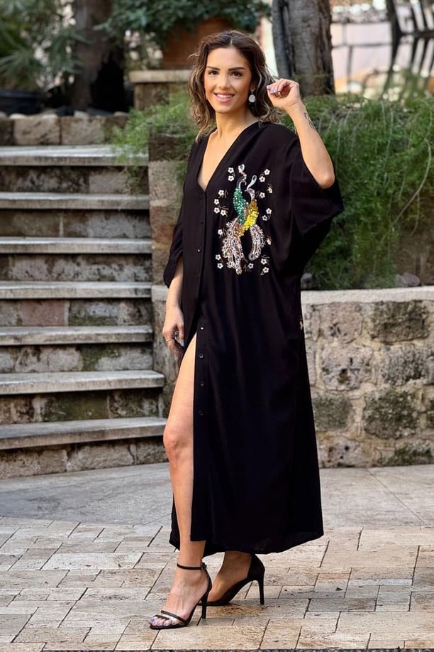 Siyah Osmanlı Kuş Motifli Pul Payetli Gömlek Elbise