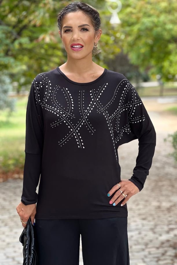 Siyah Oval Taşlı Bluz