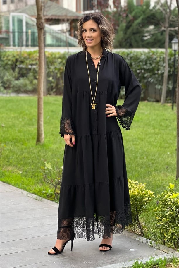 Siyah Romantik Dantelli Elbise