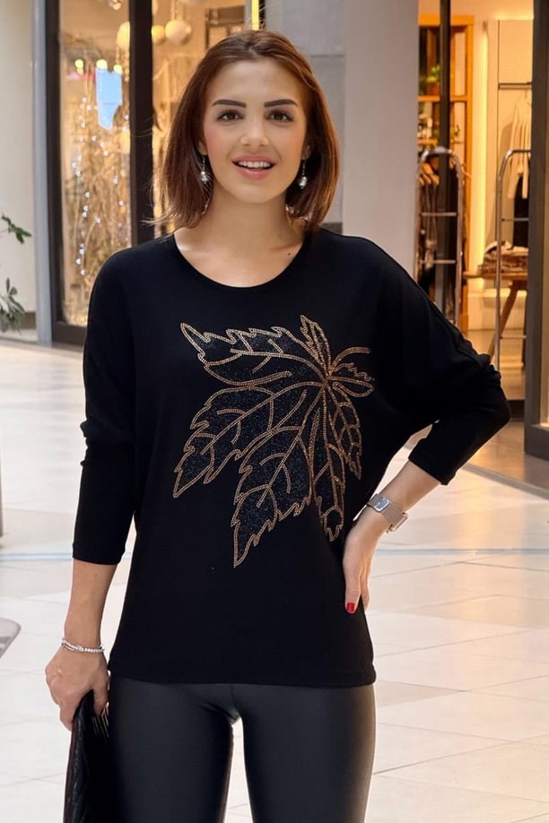Siyah Yaprak Taşlı Bluz