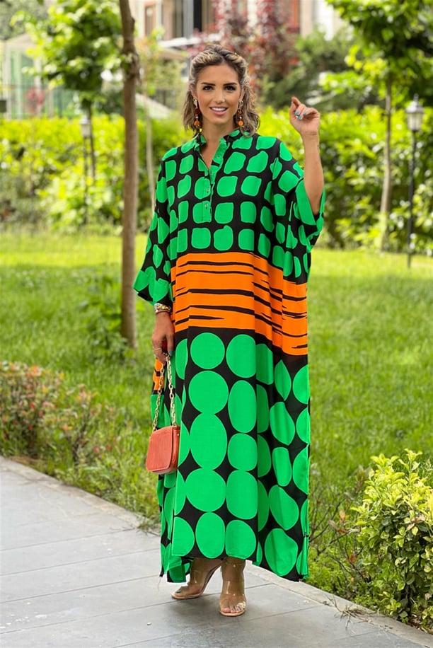Siyah Yeşil Milano Desenli Oversize Elbise