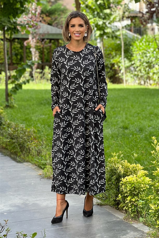 Siyah Zeytin Dalı Desenli Uzun Kollu Elbise