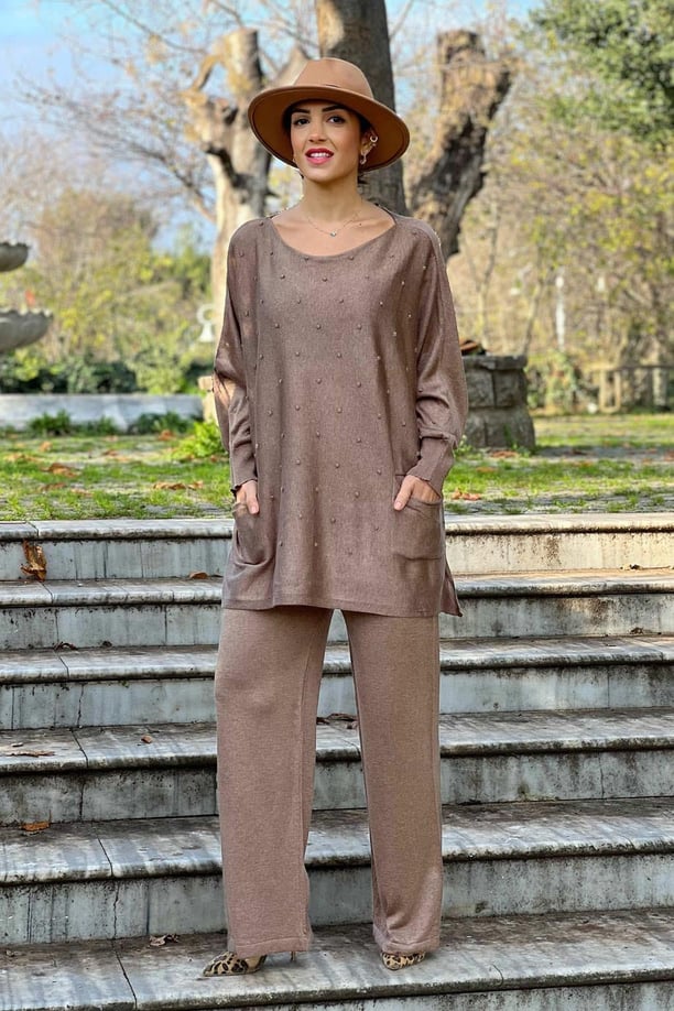 Toprak Firuze Pantolon Bluz Triko İkili Takım