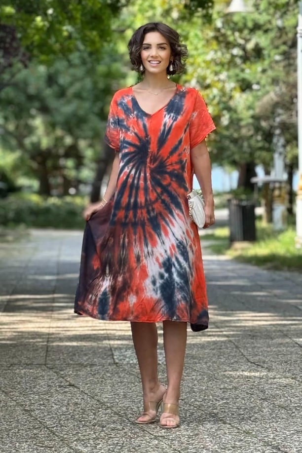 Turuncu Renk %100 Saf Organik Pamuk Batik Elbise