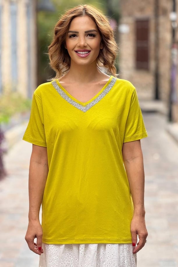 Yağ Yeşili Yakası Yakası Taşlı V Yaka Pamuklu Tişört