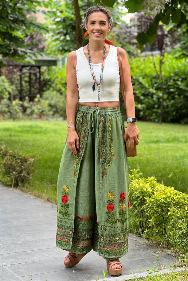 Yeşil Renk Kashew %100 Pamuk Nakışlı Pantolon