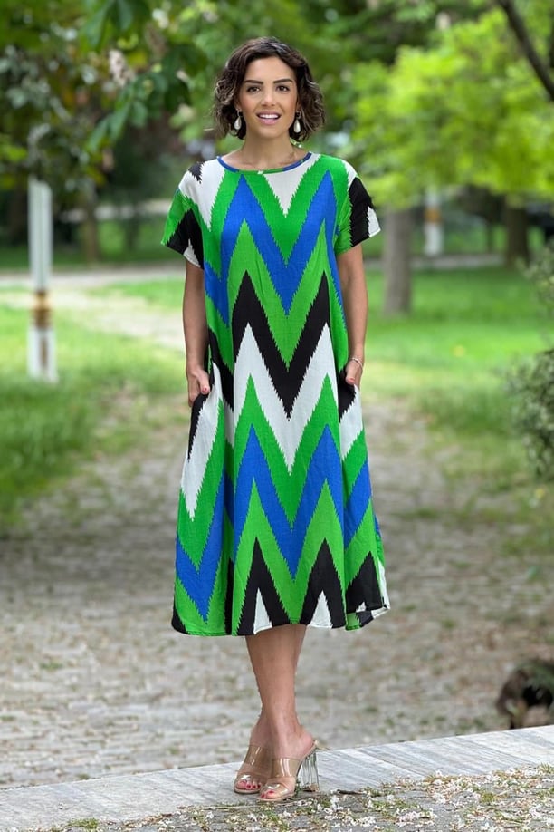 Yeşil Zikzak Desenli %100 Pamuk Yazlık Elbise