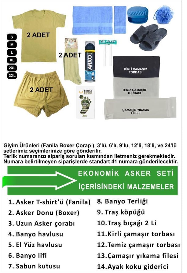 Acemi Bedelli Ekonomik Asker Seti-Asker Malzemeleri 18 Parça 2 Li Set