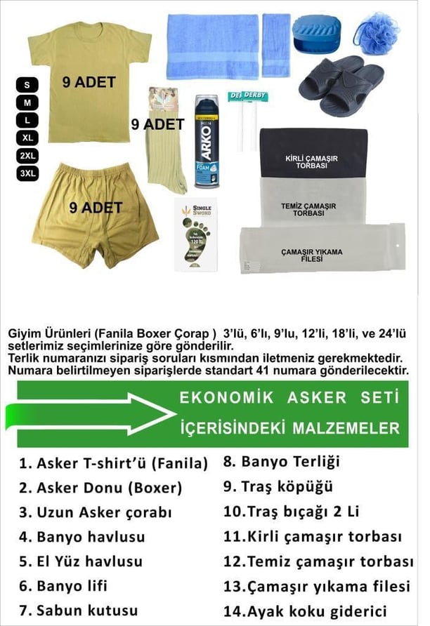 Acemi Bedelli Ekonomik Asker Seti-Asker Malzemeleri 39 parça  6 lı Set