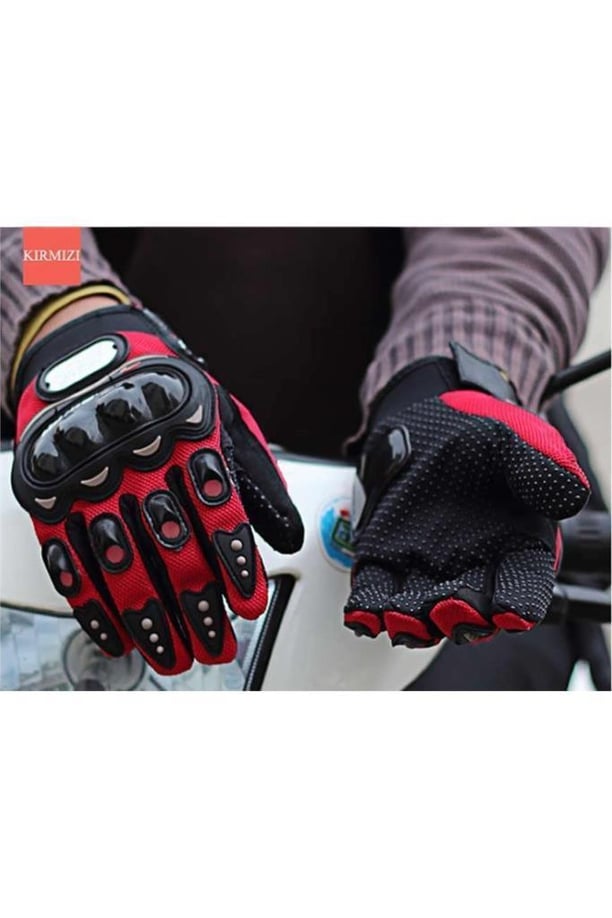 Biker Tam Parmak Korumalı ve Nefes Alabilen Telefon Uyumlu Motosiklet & Bisiklet Eldiveni Pro (KIRMIZI-L)