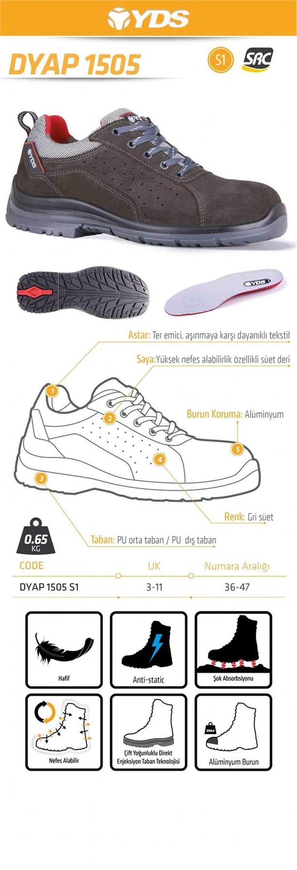 DYAP 1505 S1 AYAKKABI -GRİ