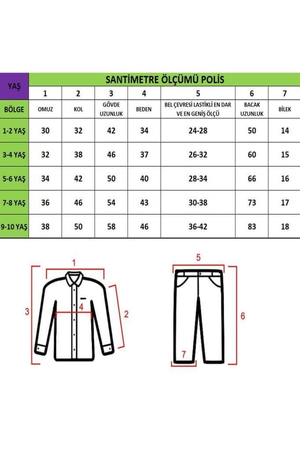 Kız&Erkek Çocuk Polis Kıyafeti (Şapka, Gömlek, Pantolon Takımı) Yeni Model (KIRMIZI-8)