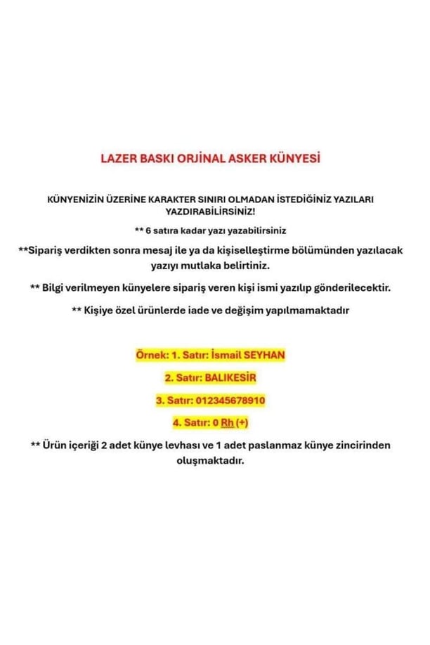 Orjinal Asker Künyesi - Lazer Kazıma - Army Dog Tag