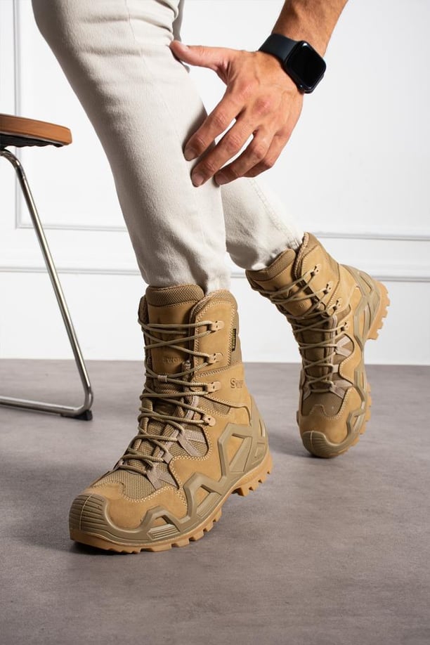 Single Sword Hakiki Deri Su Geçirmez  Erkek&Kadın Taktik Askeri Kışlık Bot ve Postal SS603 (BEJ-43)