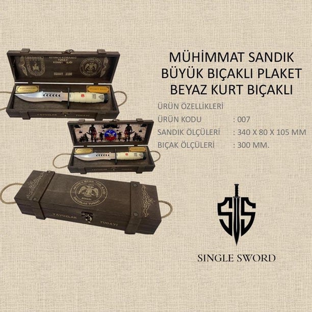 Single Sword Mühimmat sandığı Büyük Beyaz Saplı Kurt Logolu Bıçalı Plaket