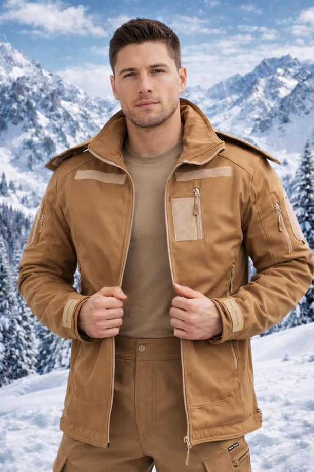 Single Sword Su&Rüzgâr Geçirmez Kapüşonlu Softshell Kışlık Erkek Mont (BEJ-M)