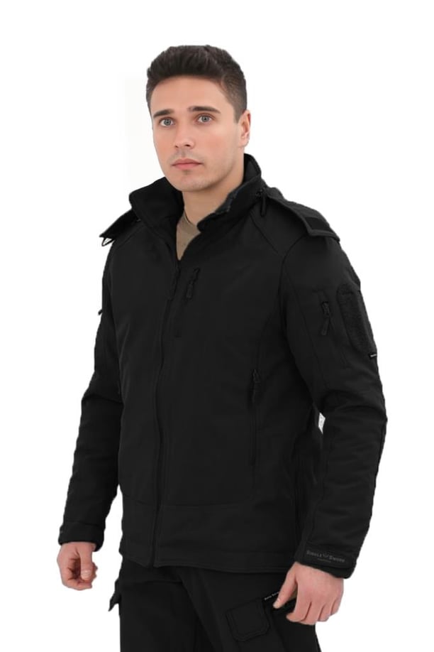 Single Sword Su&Rüzgâr Geçirmez Kapüşonlu Softshell Kışlık Erkek Mont (SİYAH-S)
