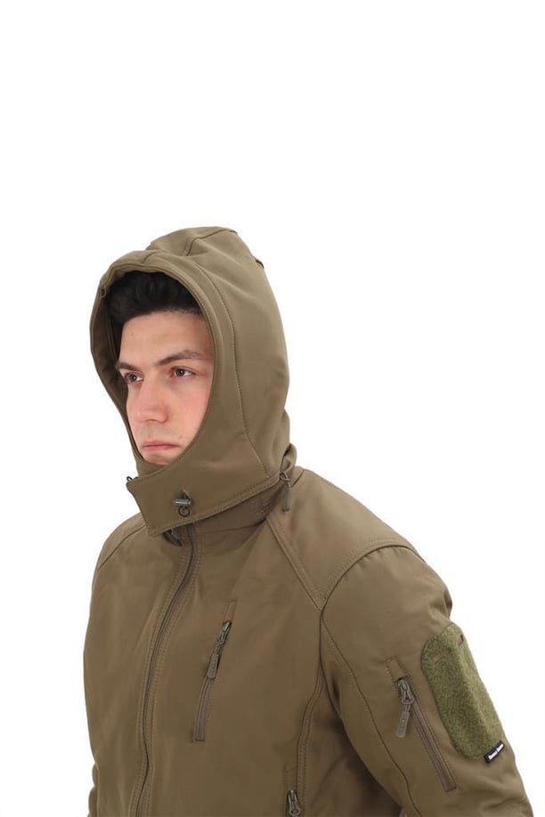 Single Sword Su&Rüzgar Geçirmez Outdoor Softshell Kışlık Erkek Mont (Kapüşonlu) (HAKİ-2XL)