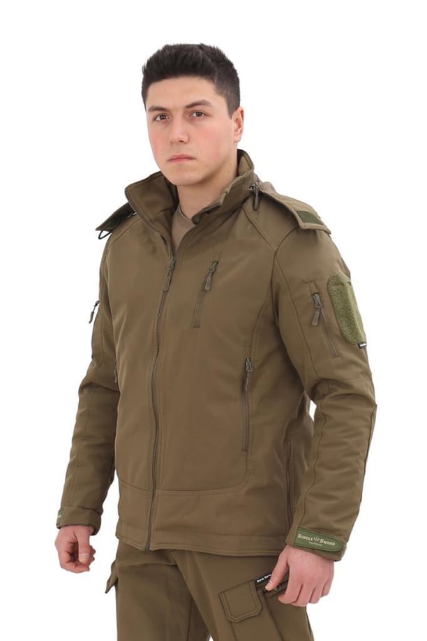 Single Sword Su&Rüzgar Geçirmez Outdoor Softshell Kışlık Erkek Mont (Kapüşonlu) (HAKİ-L)