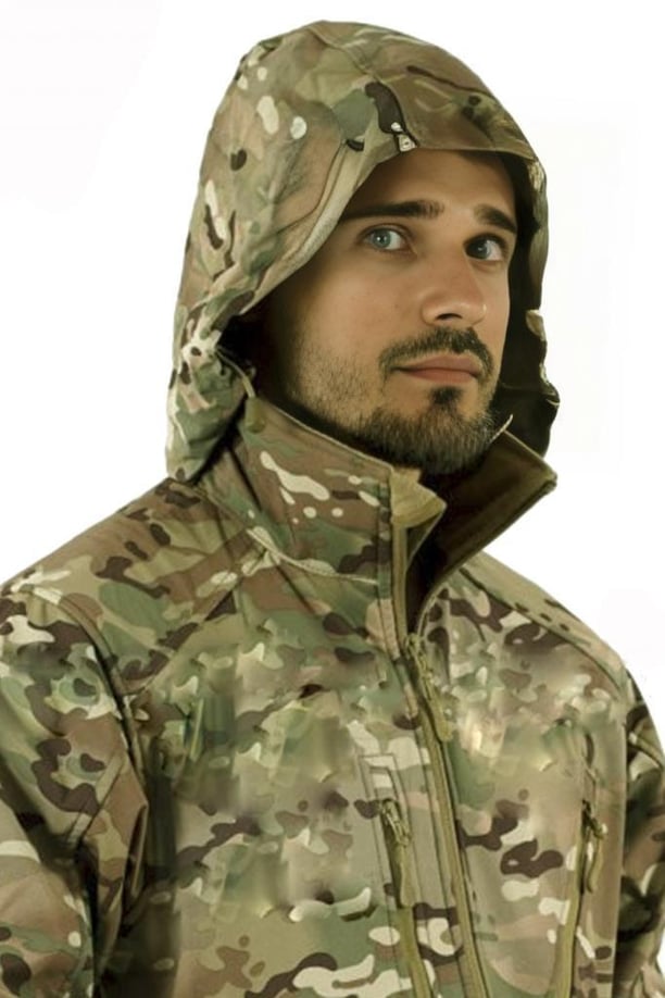 Single Sword Su&Rüzgar Geçirmez Outdoor Softshell Kışlık Erkek Mont (Kapüşonlu) (MULTİCAM-XL)