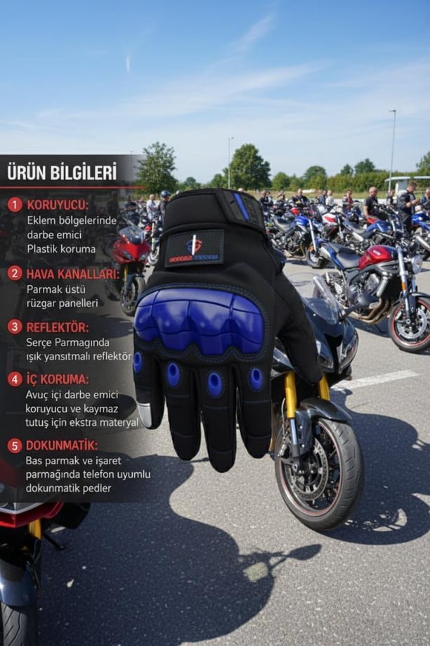 Single Sword Tam Parmak Dokunmatik Özellikli iç ve Dış Koruma Destekli Taktik Motorcu Eldiveni (MAVİ-L)