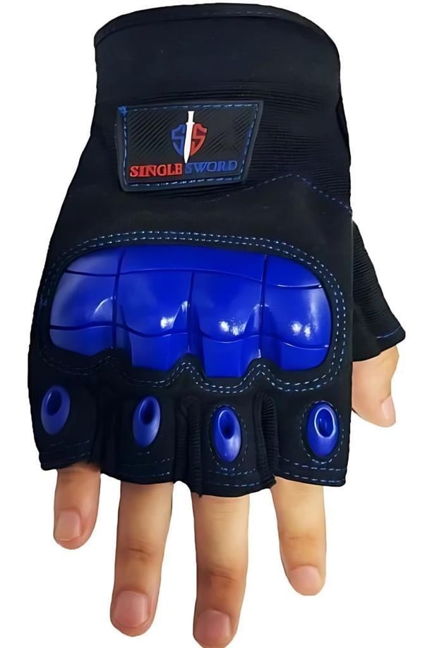 Single Sword Yarım Parmak iç ve Dış Koruma Destekli Motorcu&Bisiklet Eldiveni (MAVİ-XL)
