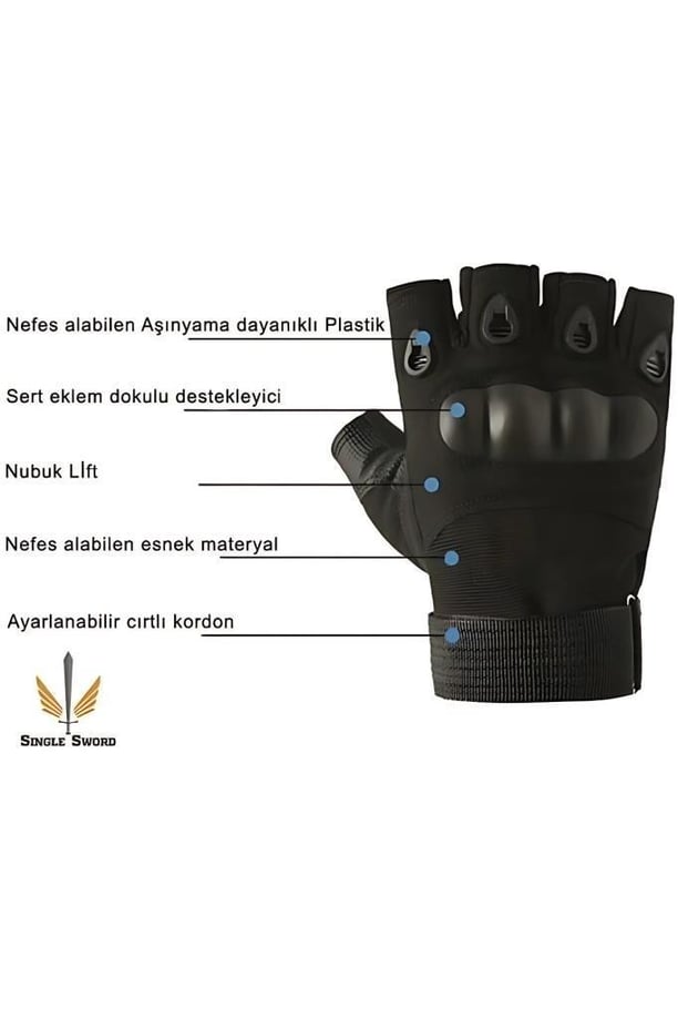 Single Sword Yarım Parmak Taktik Eldiven Bisiklet Motosiklet Outdoor Eldiven (SİYAH-M)