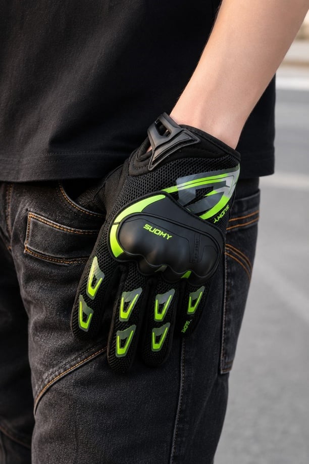Suomy Noctilucence Dokunmatik Darbeli Tam Parmak Koruma Motosiklet Bisiklet Scooter Kurye Eldiveni 