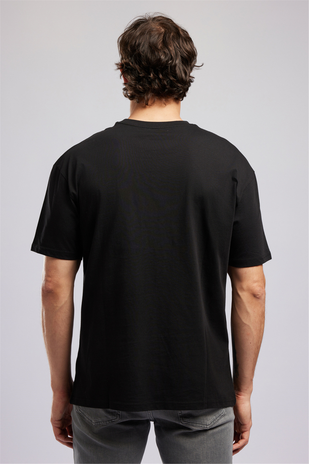 Aylex Erkek Loose %100 Pamuk Baskılı Bisiklet Yaka T-Shirt Siyah