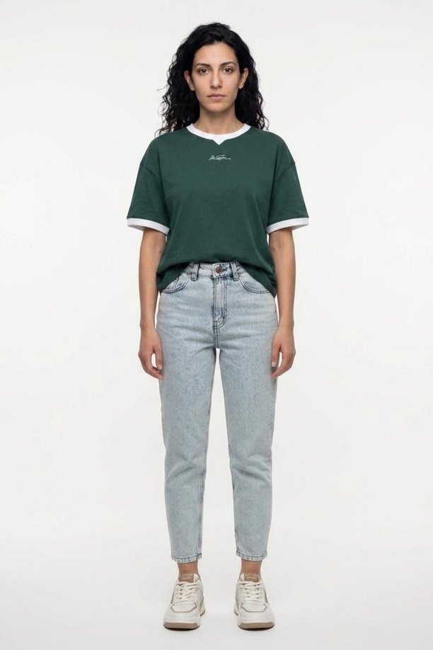 BRIANA Kadın Rahat Kesim Baskılı Bisiklet Yaka T-Shirt Yeşil