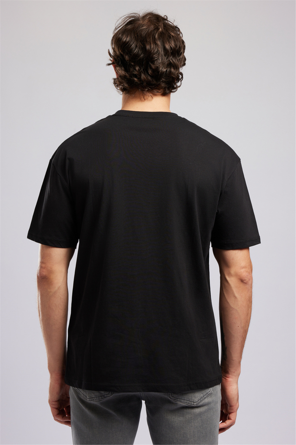 CLIFF Erkek Loose %100 Pamuk Baskılı Bisiklet Yaka T-Shirt Siyah