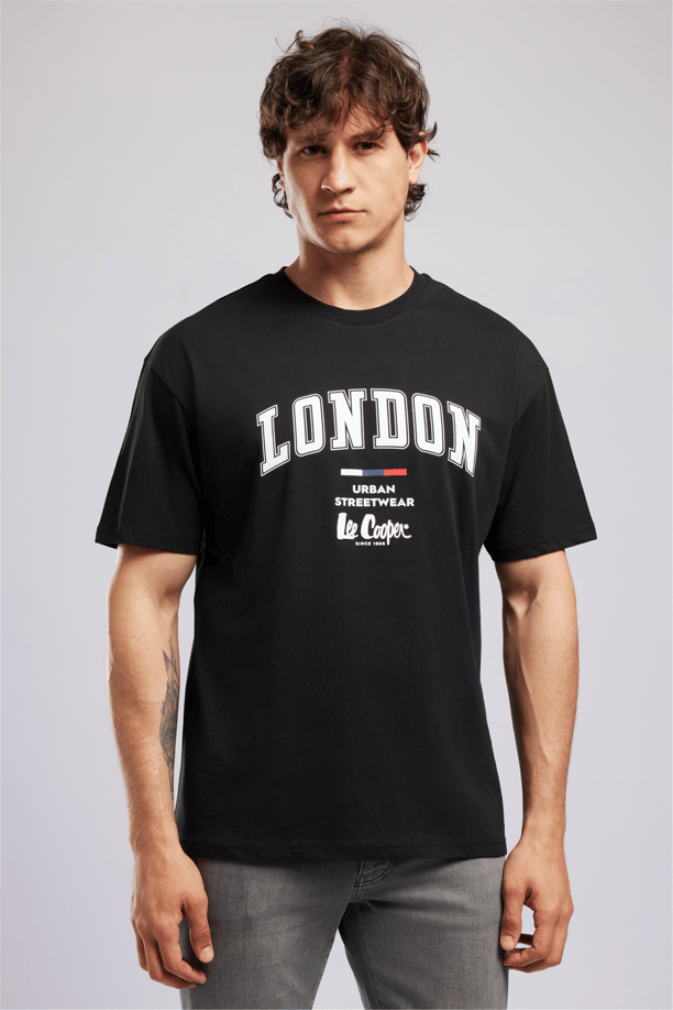 CLIFF Erkek Loose %100 Pamuk Baskılı Bisiklet Yaka T-Shirt Siyah