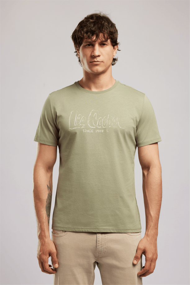 Drawos Erkek Regular Fit %100 Pamuk Basic Bisiklet Yaka T-Shirt Yeşil