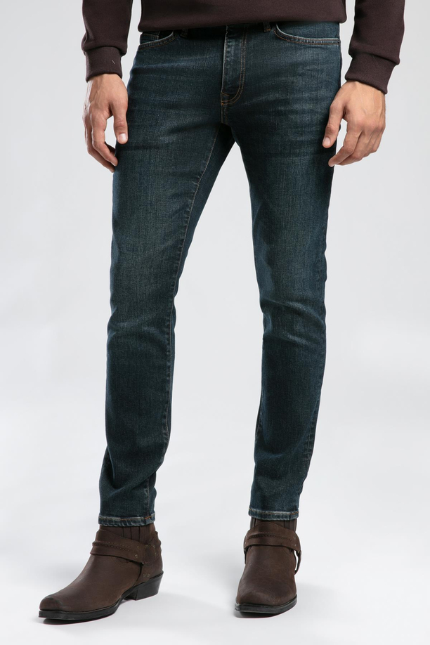 Jeff Orta Bel Dar Kesim Çok Dar Paça Mavi Erkek Jean Pantolon