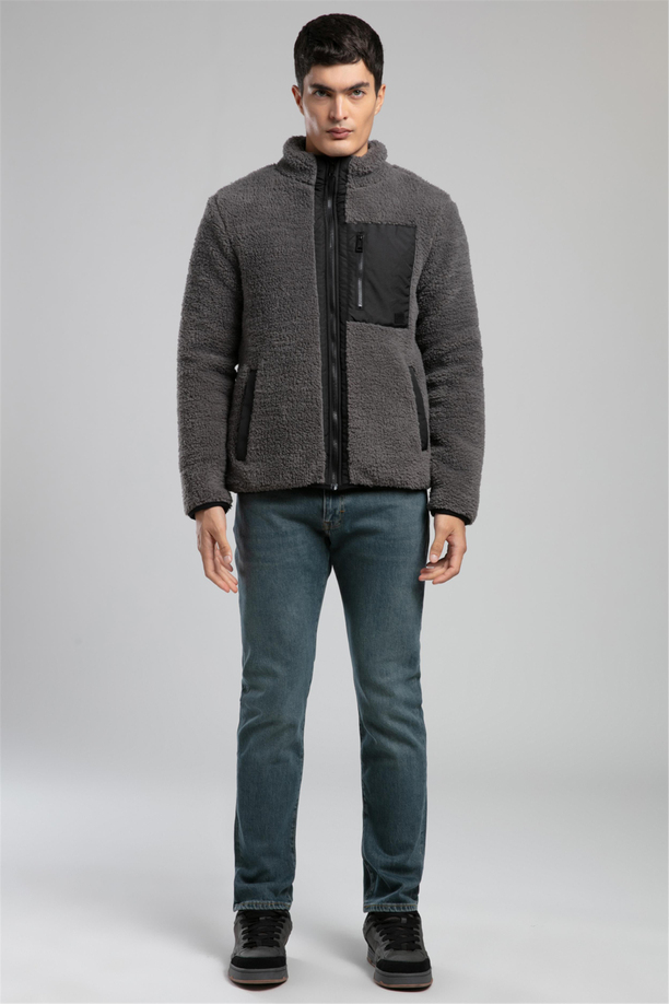 Jose Erkek Dik Yaka Peluş Mont Gri