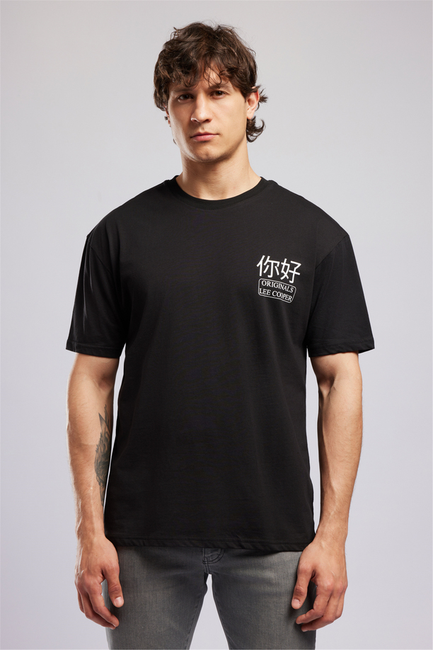 JOSUE Erkek Loose %100 Pamuk Baskılı Bisiklet Yaka T-Shirt Siyah
