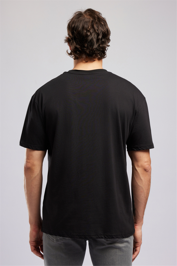 JOSUE Erkek Loose %100 Pamuk Baskılı Bisiklet Yaka T-Shirt Siyah