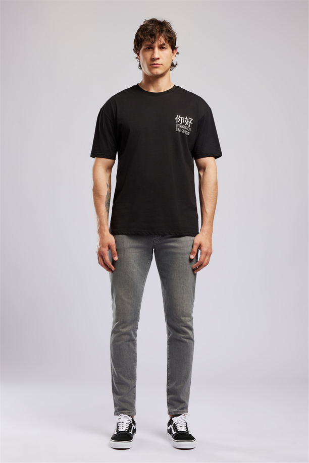 JOSUE Erkek Loose %100 Pamuk Baskılı Bisiklet Yaka T-Shirt Siyah