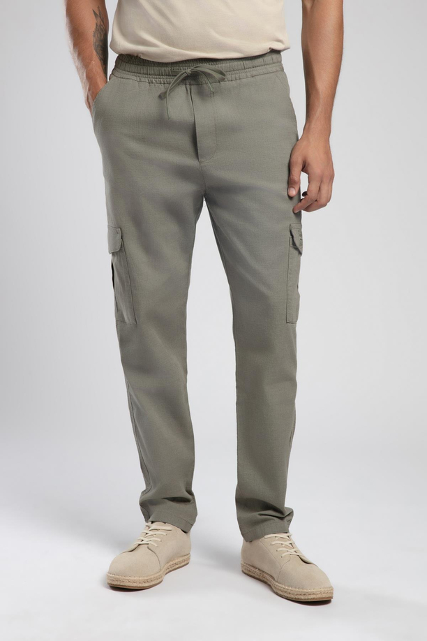 Ketgo Orta Bel Düz Kesim Düz Paça %100 Pamuk Haki Erkek Pantolon