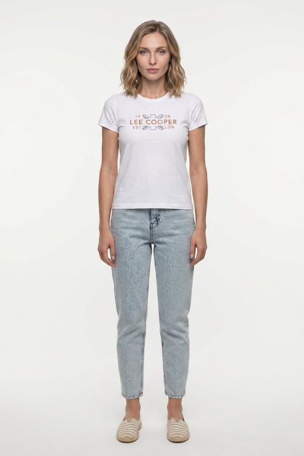 LEICESTER Kadın Basic Baskılı Bisiklet Yaka T-Shirt Beyaz