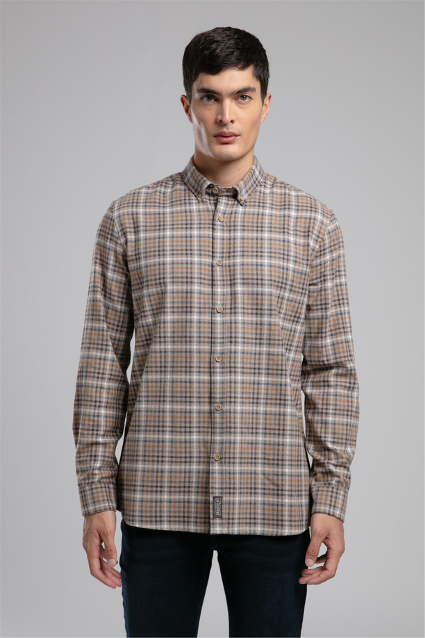 Lorse Erkek Dokuma Uzun Kol Gömlek Bej Ekose