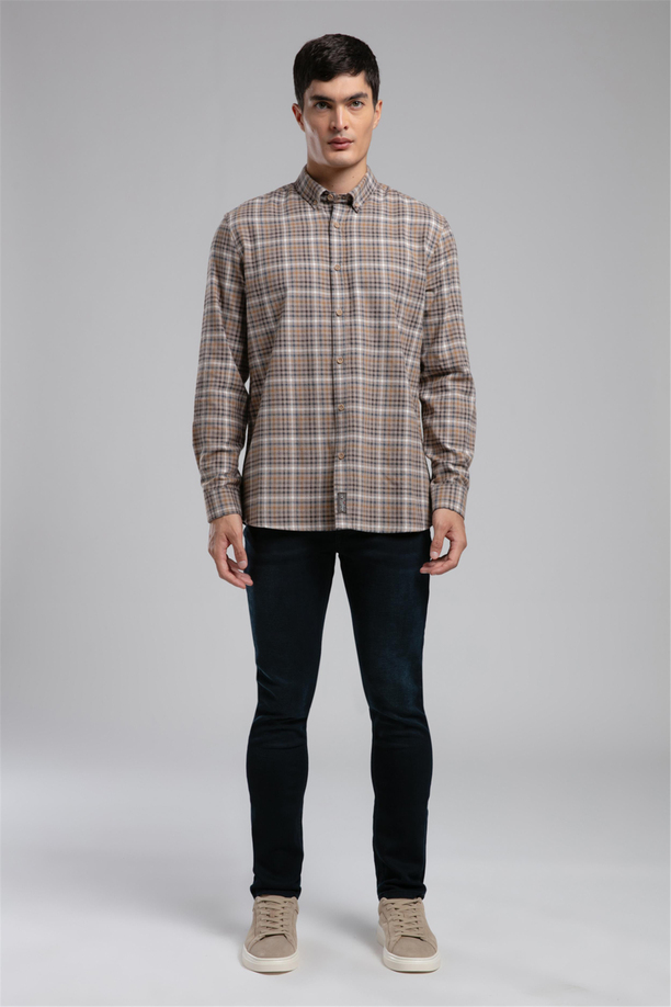 Lorse Erkek Dokuma Uzun Kol Gömlek Bej Ekose