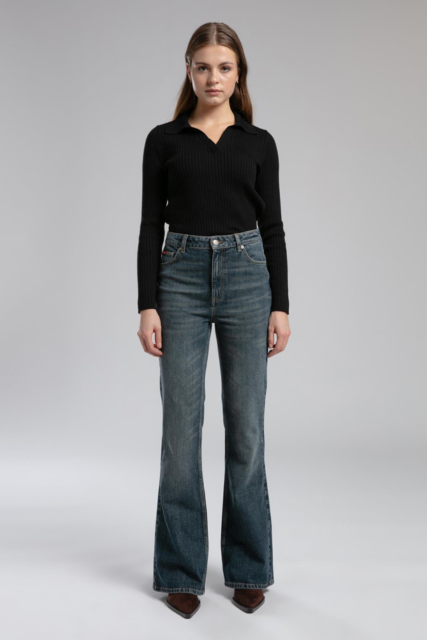 Luna Yüksek Bel İspanyol Paça Kesim Geniş Paça Easter Juniper Kadın Jean Pantolon