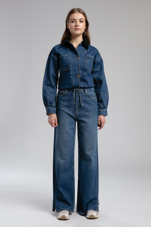 Maldiv Yüksek Bel Geniş Paça Kesim Geniş Paça Mavi Kadın Jean Pantolon