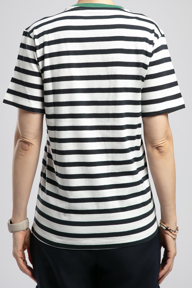 Malory Kadın %100 Pamuk O Yaka T-Shirt Ekru-Lacivert Çizgili