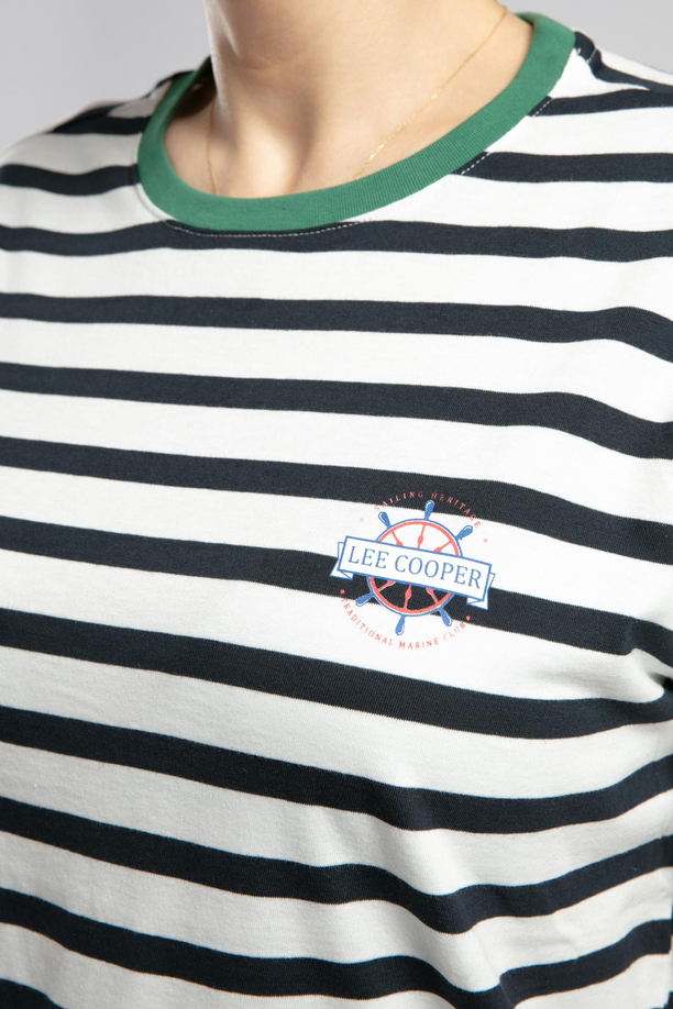 Malory Kadın %100 Pamuk O Yaka T-Shirt Ekru-Lacivert Çizgili