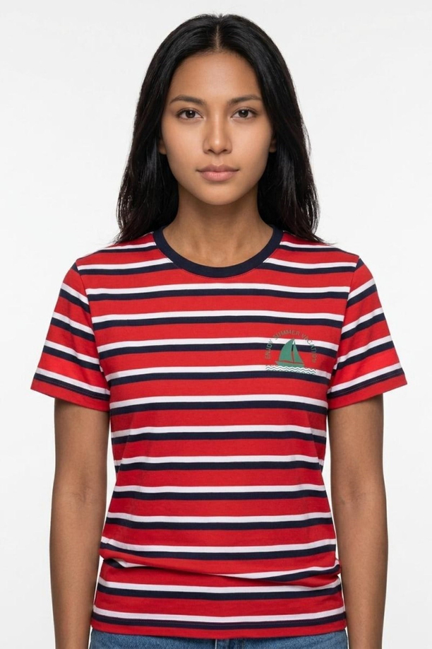 MALORY Kadın Çizgili Bisiklet Yaka T-Shirt Kırmızı