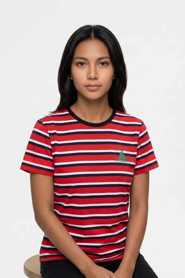 MALORY Kadın Çizgili Bisiklet Yaka T-Shirt Kırmızı